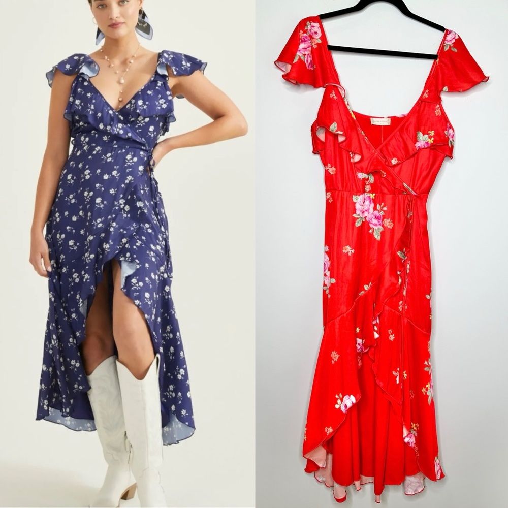 NWT Altar’d State Red Floral Faux Wrap Midi Dress